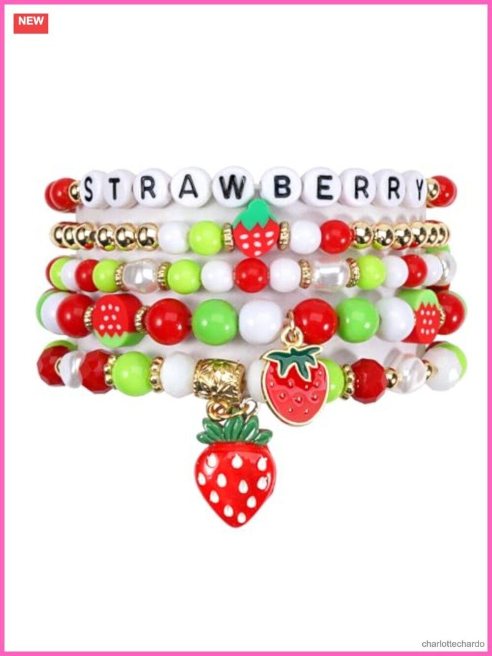 Pearl Heishi Beaded Stretch Bracelet Stackable Boho Strawberry Charms